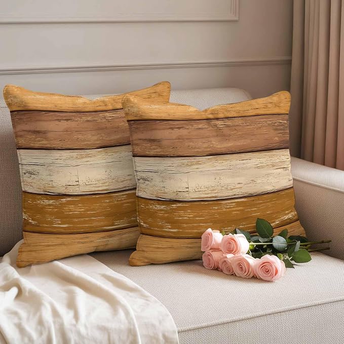 Farmhouse Yellow Brown Outdoor Waterproof Pillow Covers, Vintage Wooden Striped Decorative Square Throw Pillowcase Sofa Cushion Sham for Patio/Couch/Chair, 16"x16" 2 Pack