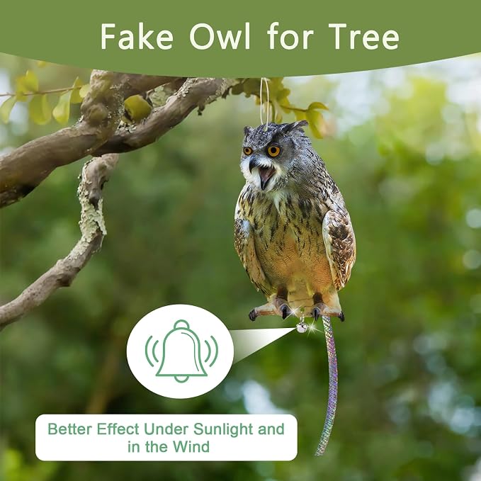 Plastic Owl to Scare Woodpecker from House, 2Pcs Flat Fake Owl to Keep Pigeons Away from Porch, Garden Owls to Scare Pigeon Squirrels, Hanging Owls with Reflective Tape for Balcony Yard Patio Windows