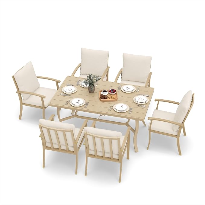 HAPPATIO 7 Piece Patio Dining Set, Aluminum Outdoor Dining Set for 6, Aluminum Dining Table and Chairs Set, Patio Furniture with Table, Chairs and Washable Cushions (Beige)