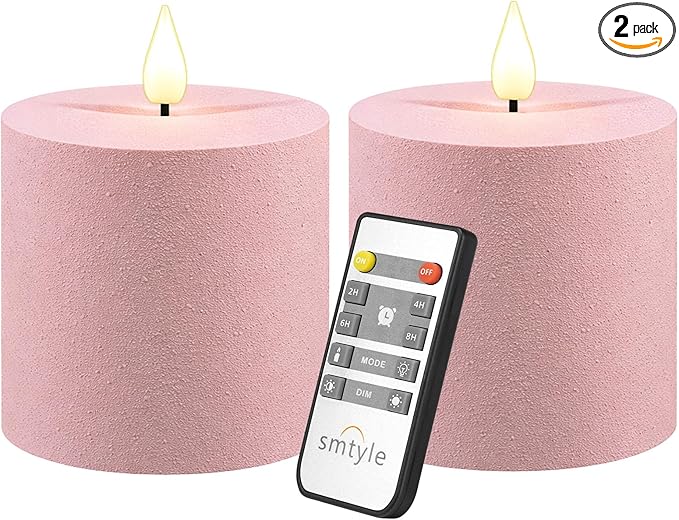 smtyle Pink Flameless Candles Battery Operated Fake Candles 3x3 Inch Sculptural Frosted Texture LED Flickering Minimalist for Home Bedroom SPA Birthday Party Wedding Decor