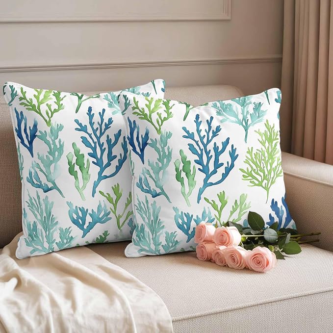 Ocean Teal Outdoor Waterproof Throw Pillow Covers Set of 2, 24"x24", Blue Green Coral Underwater Garden Coastal Decorative Pillow Covers Outside Cushion Case for Patio Porch Garden