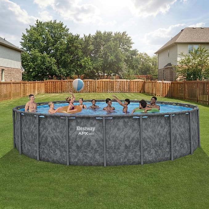 Bestway APX 365 22' x 52" Above Ground Pool, Round Metal Frame Outdoor Swimming Pool Set with Sand Filter Pump, Ladder, and Cover, Dark Marble