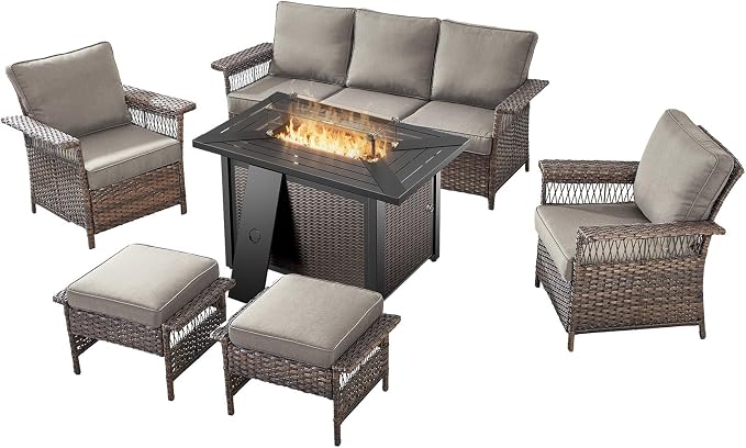 Patio Furniture Set with Fire Pit Table, 6PCS Patio Conversation Set Brown Resin Wicker Patio Chair Sofa Ottoman with 43in Rectangular Iron Outdoor Fire Table PE Rattan Furniture