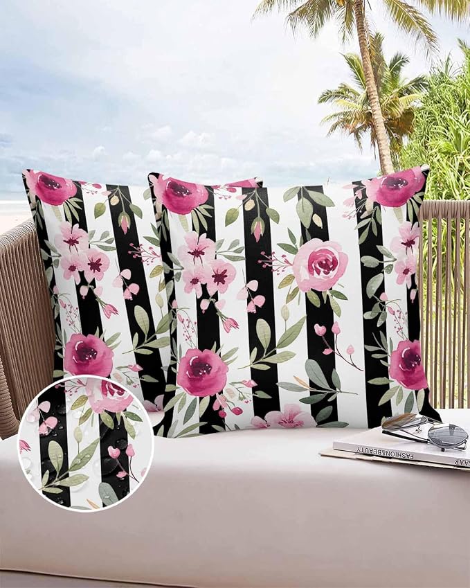 Vandarllin Outdoor Throw Pillows Covers 16x16 inch Set of 2 Waterproof Pink Flowers Decorative Zippered Cushion Covers for Patio Furniture, Floral Leaves Black Stripes Lumbar Pillowcases