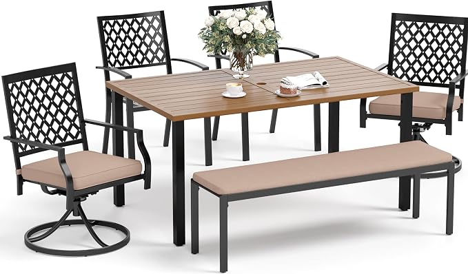 SUNSHINE VALLEY Patio Dining Set,60x38 Outdoor Table w/Swivel Chairs | 60x36 Outdoor Table and Chairs Set with Umbrella Hole, 2 Leg Chairs, 2 Swivel Chairs, 1 Metal Table and 1 Cushioned Bench