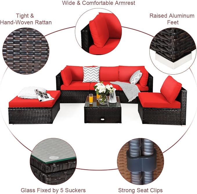 RELAX4LIFE 6-Piece Patio Sofa Set - Outdoor Sectional Sofa Set Wicker Conversation Set w/Table & Removable Cushions, Modular Sofa Set Patio Furniture for Backyard, Poolside, Balcony (Red)