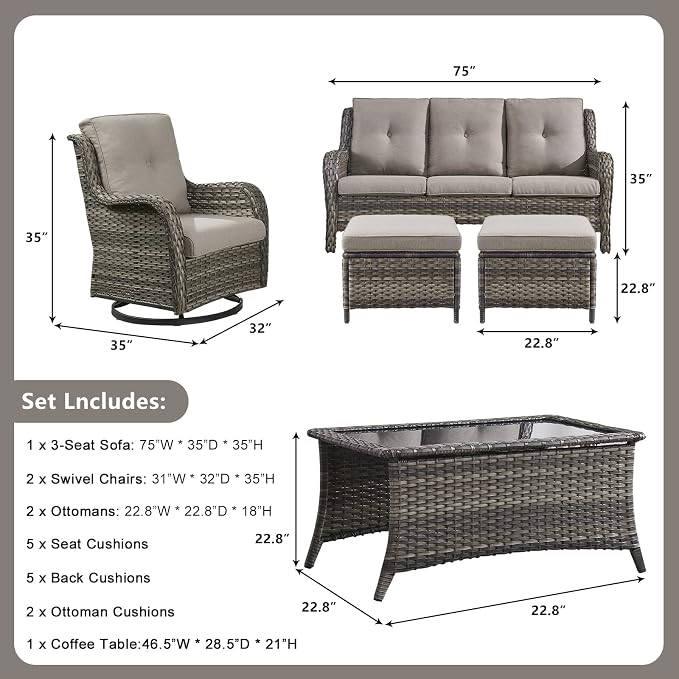 Rilyson Wicker Patio Furniture Set - 6 Piece Rattan Outdoor Sectional Conversation Sets with 2 Swivel Rocking Chairs,2 Ottomans,1 Sofa and 1 Coffee Table for Porch Deck Garden(Mixed Grey/Grey)