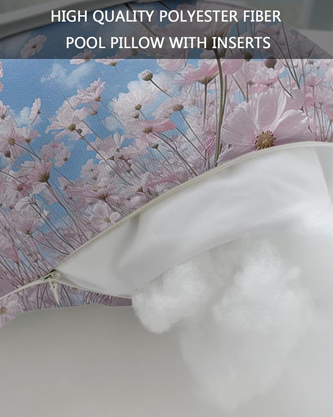 Outdoor Pillows Covers with Inserts Pink Flowers with Blue Sky and White Clouds Waterproof Recliner Pillow with Adjustable Strap Throw Pillows for Patio Furniture Pool Lounge Chair, 11x16 inch, 2PCS