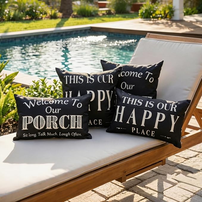 Black and White Welcome to Our Porch Outdoor Pillow Covers Waterproof 18x18 Set of 2, Decorative Farmhouse Outdoor Throw Pillows 18 x 18, Back Porch Decor Patio Furniture Pillows (Without Inserts)