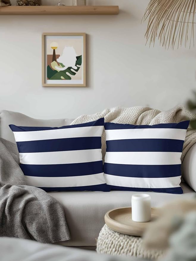 Waterproof Outdoor Pillow 1 Pack Navy Blue Stripe Decorative Throw Pillows Cover & Insert 16x16 Inch Pillowcase Simple Style White Striped Pillows for Couch Sofa Bed Patio Furniture Indoor Outdoor