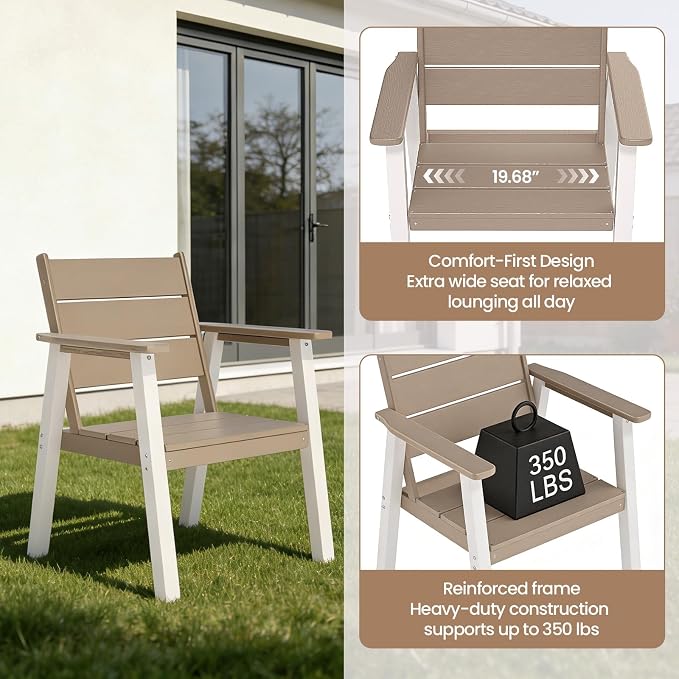 Outdoor Dining Chairs Set of 2,HDPE Patio Chairs with Wide Seat,Ergonomic Design Outdoor Furniture for Porch,Backyard,Deck,White Brown