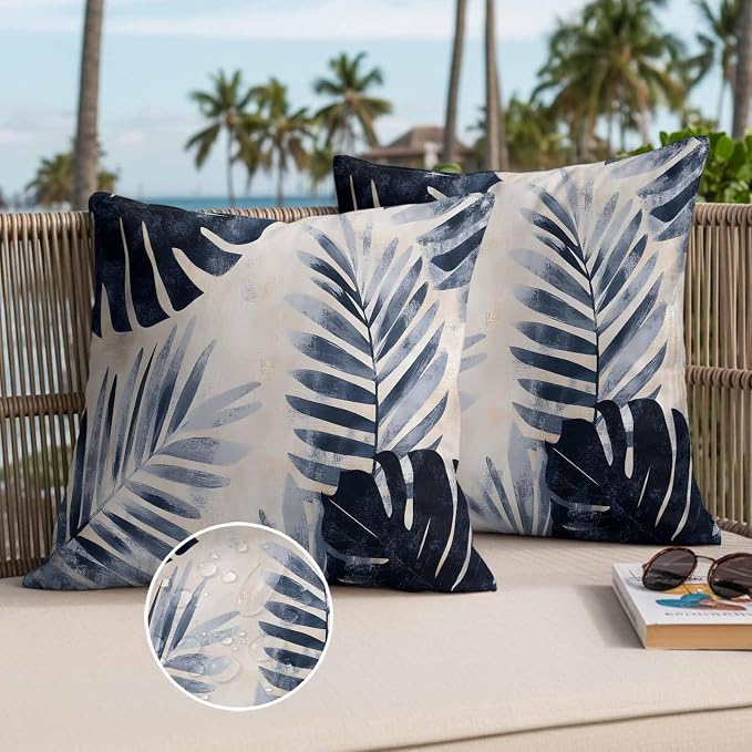 Pack of 2 Waterproof Outdoor Pillow Covers 18x18 Inch Decorative Pillow Covers Navy Blue Palm Leaves Throw Pillowcases Tropical Botanical Retro Outdoor Cushion Cover for Couch, Patio, Tent