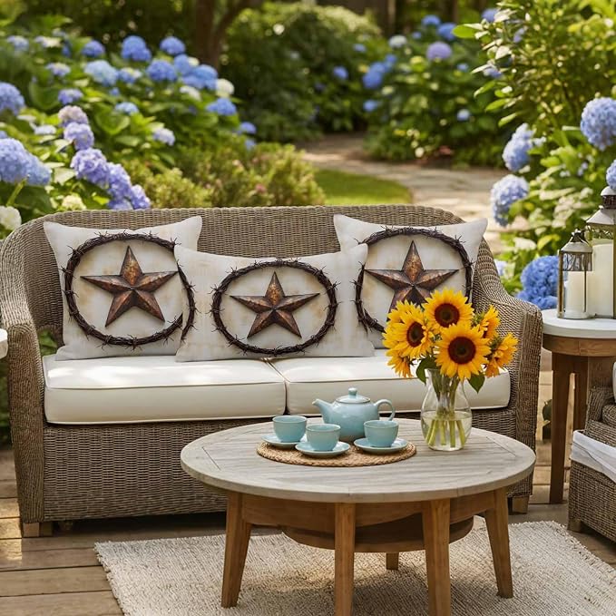Texas Star Rustic Waterproof Outdoor Pillow Covers Set of 2 Home Decor, Vintage Country Stars Modern Abstract Pillowcase Patio Pillow Covers for Couch Bench Furniture Garden 20x12in