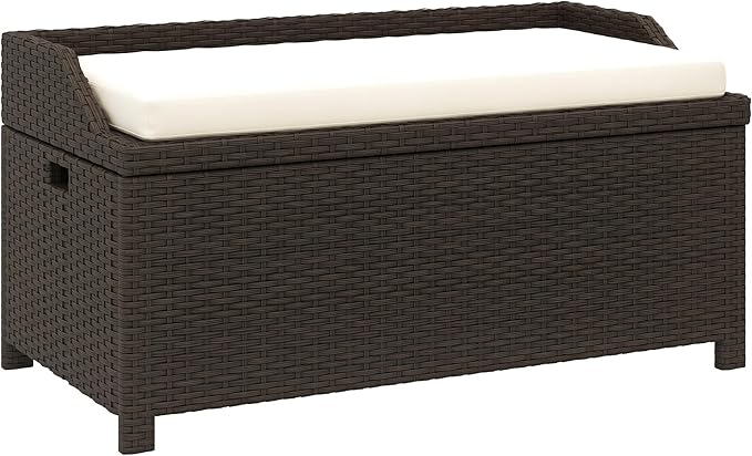 Outsunny 38 Gallon Outdoor Wicker Storage Bench Deck Box, PE Rattan Patio Furniture Pool Storage Bin Container with Interior Waterproof Cloth Bag and Comfortable Cushion, White