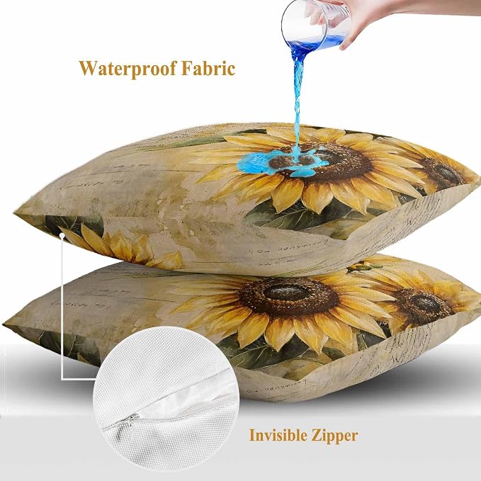 Retro Sunflower Outdoor Waterproof Throw Pillow Covers Set of 2, 20"x20", Pastoral Floral Painting Newspaper Background Decorative Pillow Covers Outside Cushion Case for Patio Porch Garden