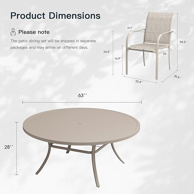 VICLLAX 11 Pieces Patio Outdoor Dining Set, 63" Round Metal Table with Umbrella Hole and 10 Stackable Textilene Chairs for Patio, Lawn, Garden, Porch, Sandshell