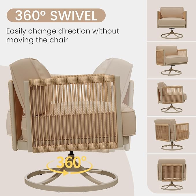 EROMMY 5 Seats Patio Furniture Set, Metal Frame Outdoor Swivel Glider Rocking Chairs with 6" Thick Cushions, 3-Seat Sofa & Coffee Table, Patio Conversation Sets for Backyard, Poolside & Balcony, Beige