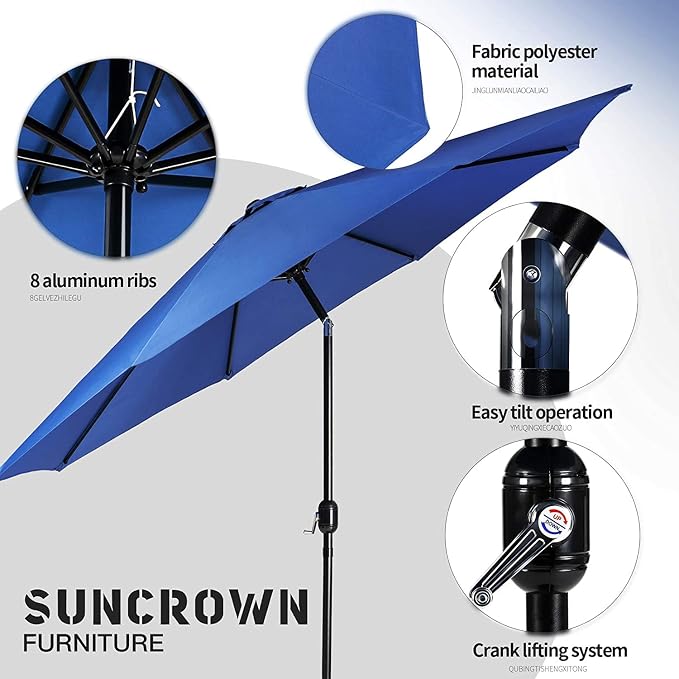 SUNCROWN 6-Piece Outdoor Wrought Iron Chairs and Table Patio Dining Furniture Set - 4 Stackable Metal Chairs, 1 Steel Slat Bistro Table and 1 Dark Blue 9Ft Patio Umbrella for Garden Backyard Deck
