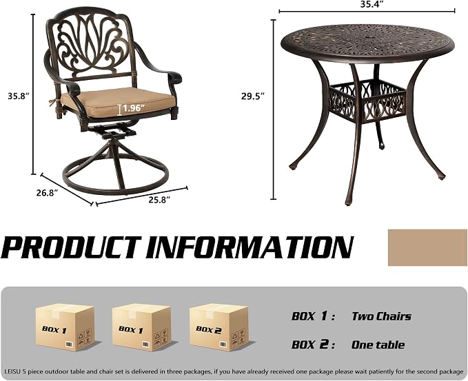 TITIMO 5-Piece Outdoor Patio Dining Set, Cast Aluminum Furniture Set All-Weather Includes Khaki Cushions and 35.4" Round Table with Umbrella Hole for Yard Garden Deck (Khaki)