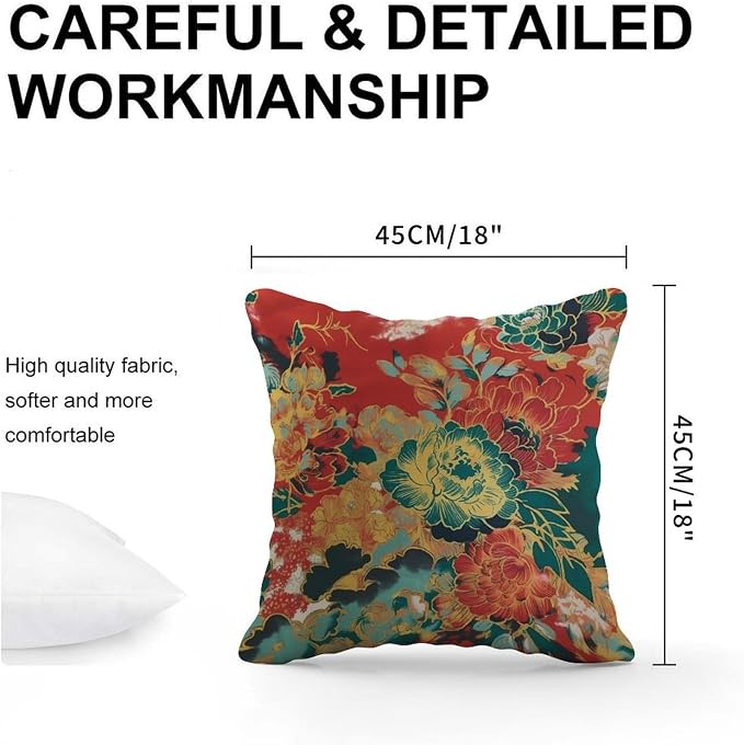 Animal Tiger Stripe Colorful Chinoiserie Pillowcase Peony Floral Asian Cushion Cover 18x18 INModern Accent Throw Pillow Covers Farmhouse Decorative for Bedroom Sofa Bench Porch