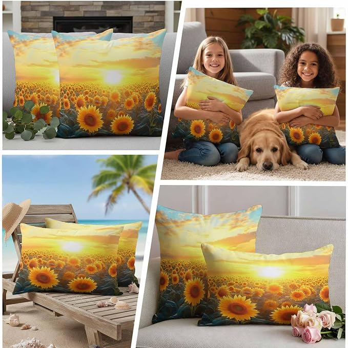 Summer Sunflower Waterproof Outdoor Pillow Covers Set of 2 Home Decor, Watercolor Pastoral Botanical Floral Pillowcase Patio Pillow Covers for Couch Bench Furniture Garden 26x26in