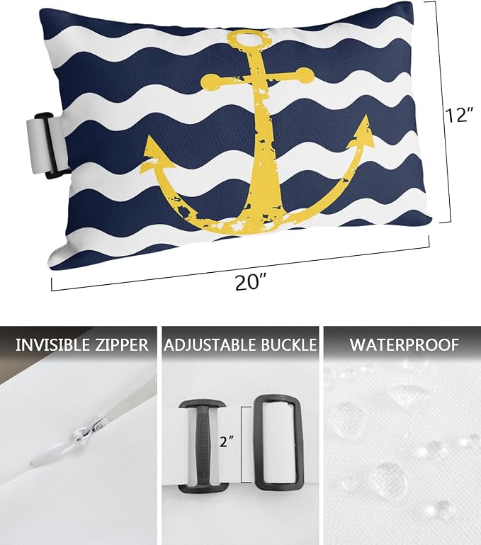 Outdoor Pillows Covers with Inserts Navy Blue Wave Stripes Yellow Nautical Anchor Waterproof Recliner Pillow with Adjustable Strap Throw Pillows for Patio Furniture Pool Lounge Chair, 12x20 inch, 2PCS