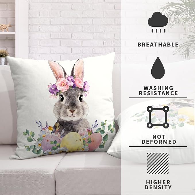 Happy Easter Pillow Covers Daisy Floral Colorful Easter Eggs Pillow Cases 20x20 Set of 2 Lovely Bunny Throw Pillow Covers Spring Farmhouse Cushion Cases for Couch Sofa