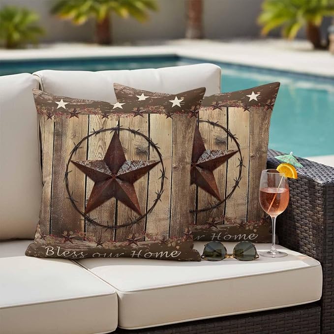 Rustic Country Outdoor Pillow Covers 16x16 Inch Throw Pillow Covers Set of 2 Waterproof Decorative Pillow Cases Western Stars Brown Texture Wooden Print Cushion Covers for Patio Furniture Garden Couch