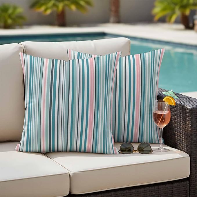 Outdoor Waterproof Throw Pillow Covers Set of 2 Turquoise Blue Striped Pillowcases 16x16 Inches Geometric Pink Stripes Decorative Pillows Cushion Case Patio Pillows for Couch Bed Chair Garden