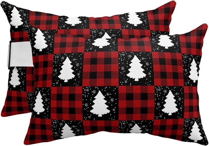 Outdoor Pillows Covers with Inserts Winter Christmas Tree Red Black checkered Waterproof Recliner Pillow with Adjustable Strap Throw Pillows for Patio Furniture Pool Lounge Chair, 11x16 inch, 2PCS