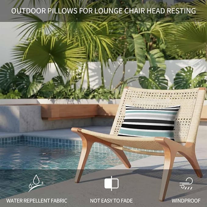 Turquoise Black Stripe Outdoor Pillows for Chaise Lounge Chair Waterproof Lumbar Pillows with Insert Beach Headrest Pillow Modern Abstract Coarse Striped Recliner Neck Pillow for Patio Pool 12"x20"