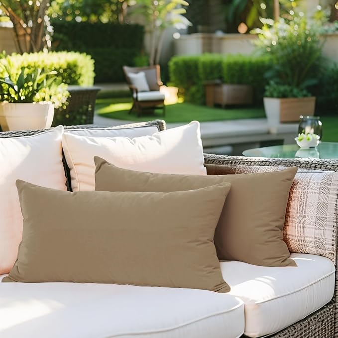 SK Studio Outdoor Water Resistant Throw Pillows, Decorative Patio Lumbar Cushions, Fluffy Furniture Garden Cushions for Home Patio Coach Sofa Use, Pack of 2, Khaki 1, 24x24 Inch