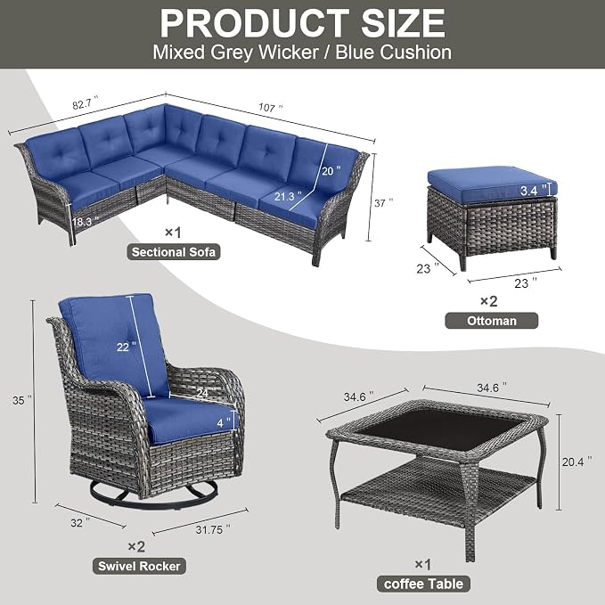 Belord 8 Piece Wicker Patio Furniture Set, Outdoor Swivel Rocker Chairs Set of 2 with Ottomans and Sectional Couch, All Weather Patio Conversation Furniture Set, for Pool,Yard Gray Wicker/Blue