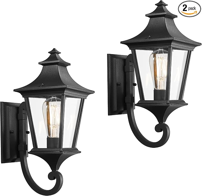 Emliviar 2 Pack Outdoor Sconces Wall Lighting, 15 Inch Modern Outdoor Wall Light with Clear Glass, Black Finish, XE292UB-2PK BK