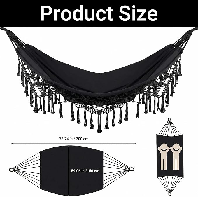 Bohemian Black Double Canvas Hammock, Hand-Woven Tassel Boho Outdoor Hammock for Patio Balcony Garden, 2-Person Wedding Decoration, Supports 550 lbs