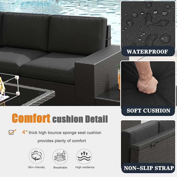 Patio Furniture Set with Fire Pit Table, 7 Pieces Outdoor All-Weather Wicker Conversation Sectional Chair Sofa Set