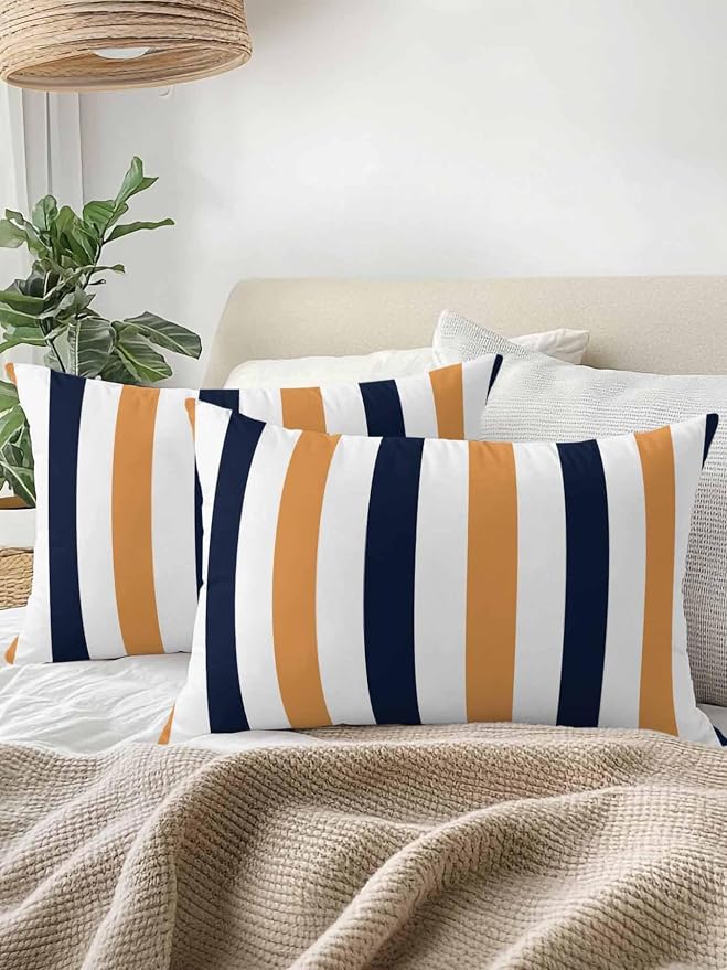 Outdoor Pillows Waterproof, Burnt Orange Navy Blue Striped Bedding Throw Pillows with Insert for Couch Sofa Bed, Farmhouse Stripe Art 12x20 Inch Pillowcases Camping Patio Pillow Set of 2