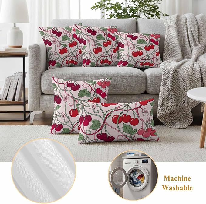 Red Cherry Outdoor Pillow Covers 24"x24" Set of 2, Vintage Red Cherry Pink Floral Vines Pink Waterproof Throw Pillow Covers for Patio Furniture, Decorative Cushion Covers for Porch