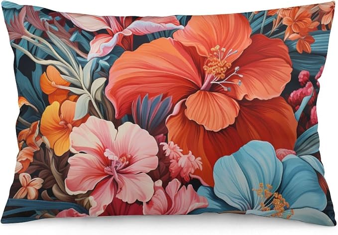 Cute Throw Pillows Tropical Flower Leaves Cushion Covers Watercolor Summer Hawaii Palm Tree Leaf and Tropical Flower Oblong Cushion Cover Pillow for Bed Couch Home Gift 12 "x20