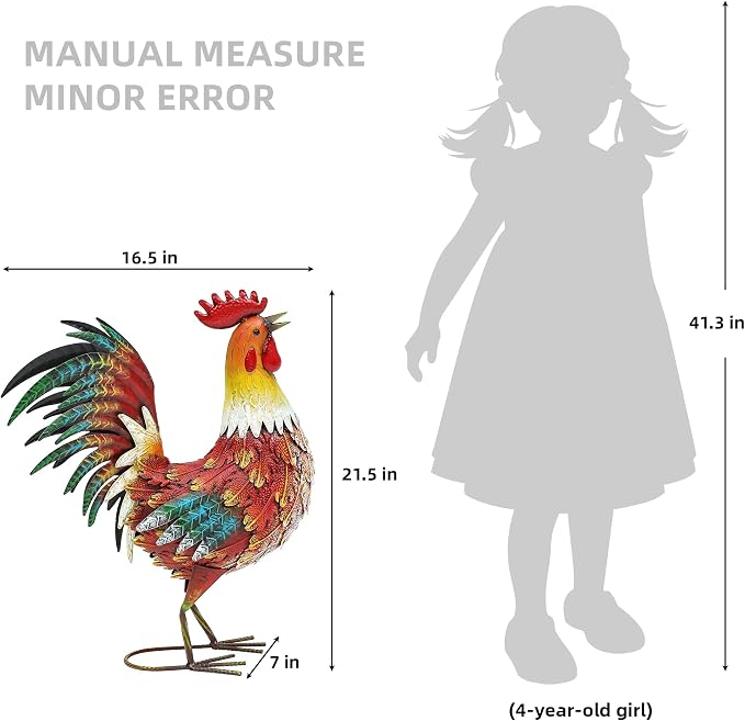 Metal Rooster Yard Decor, 21" Outdoor Garden Statues for Patio | Durable Metal with Hand-Painted Finish, Farmhouse Rooster Chicken Decor for Yard, Garden, Patio, Porch & Kitchen