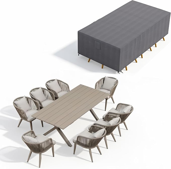 PURPLE LEAF 9 Pieces Patio Dining Set with Waterproof Furniture Cover Rectangular Table and Chairs Set for Garden Deck Aluminum Frame Backyard Kitchen Set, Cushions and Pillows Included Champagne
