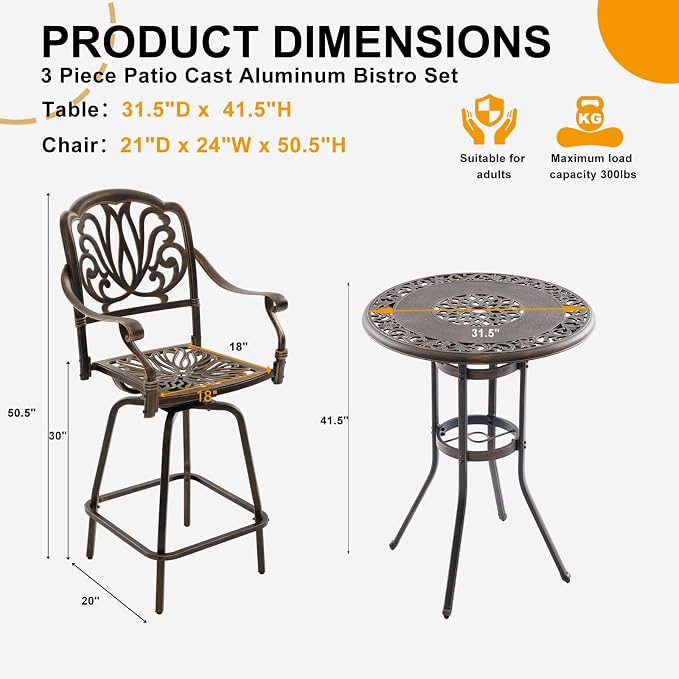 3-Piece Cast Aluminum Outdoor Bar Set, 31.5" Round High Top Patio Table & 2 Swivel Barstools with Cushions, Antique Bronze Rustproof Bistro Set for Balcony, Poolside & Deck