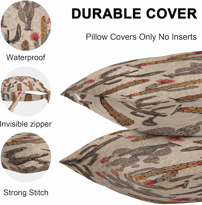 Vandarllin Outdoor Throw Pillows Covers 20x12 inch Set of 2 Waterproof Watercolor Cactus Decorative Zippered Cushion Covers for Patio Furniture, Abstract Floral Desert Lumbar Pillowcases