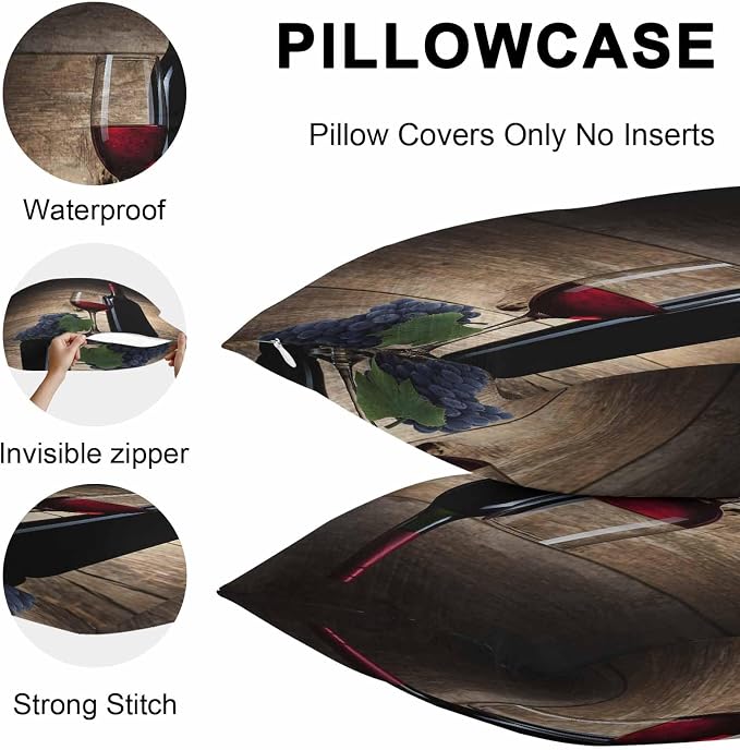 Red Wines Outdoor Pillow Covers 18x18 Inch Throw Pillow Covers Set of 2 Waterproof Decorative Pillow Cases Grapes Vintage Wooden Grain Farmhouse Cushion Covers for Patio Furniture Garden Couch Sofa