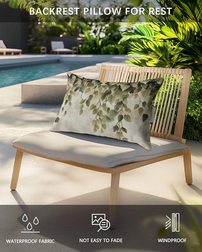 Pack of 2 Outdoor Lumbar Cushions with Inserts, Spring Leaf Plant Vintage Linen Oil Painting Waterproof Fluffy Fade Body Pillows, Patio Furniture Pillow for Home Balcony Garden Decor 11x16IN