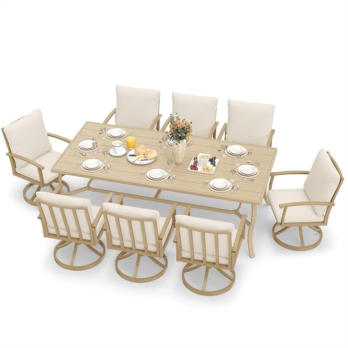 HAPPATIO Aluminum 9 Piece Patio Dining Set, Outdoor Swivel Dining Chairs and Dining Table, Aluminum Outdoor Dining Set for 8, Patio Dining Furniture with Washable Cushions (Beige)