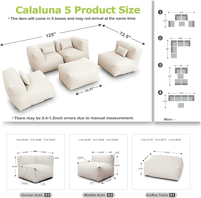 ANNYH Modern Calaluna 5Pc OUTDOOR Furniture Sectional Conversation Set- COMBINATION of 2Middle 2Corner 1Ottoman/Coffee-Expansion Foam Filling chairs-A UNIQUE Modular Contemporary Sofa (Light Beige)