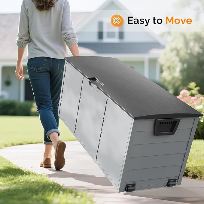 Deck Boxes 75 Gallon Resin Outdoor Storage Box Lockable Plastic Storage Containers with Lid and Wheels Waterproof Organization for Cushions Garden Tools Pool Toys Backyard Balcony Yard Patio Furniture