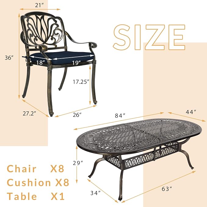 9-Piece Patio Dining Set, Outdoor Patio Table and Chair Set of 84” Oval Cast Aluminum Dining Table with Umbrella Hole and 8 Outdoor Dining Cushion Chairs, Patio Funiture Set for Garden, Navy