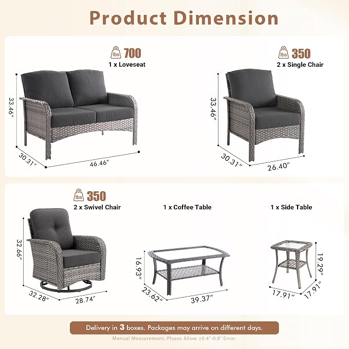 7 Pieces Outdoor Patio Furniture Set with Coffee Table, All Weather Wicker Patio Conversation Sets with Rocking Chairs, Balcony Furniture Sets for Backyard, Garden, Poolside, Black